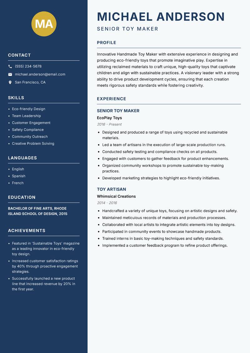 Handmade Toy Maker resume sample — Senior Toy Maker focus