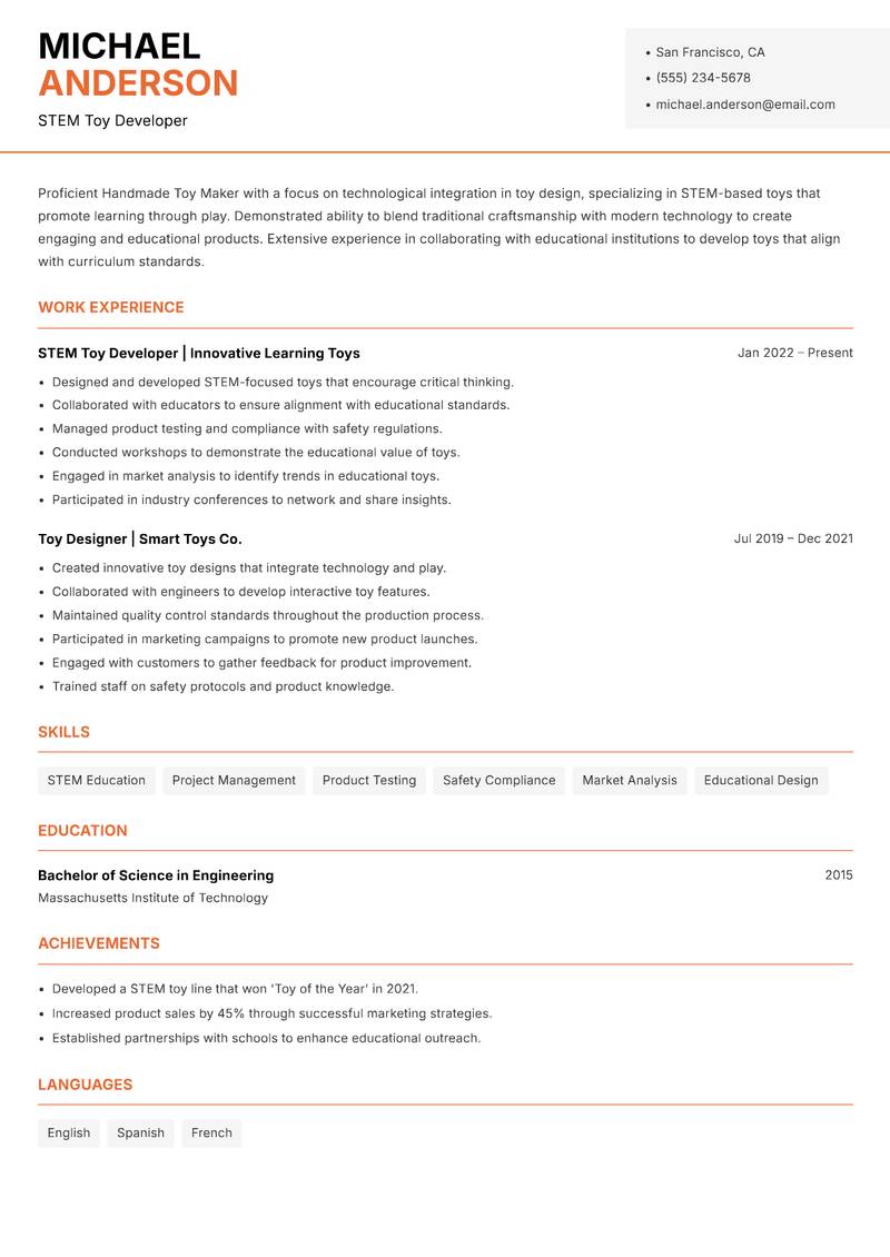 Handmade Toy Maker resume sample — STEM Toy Developer focus
