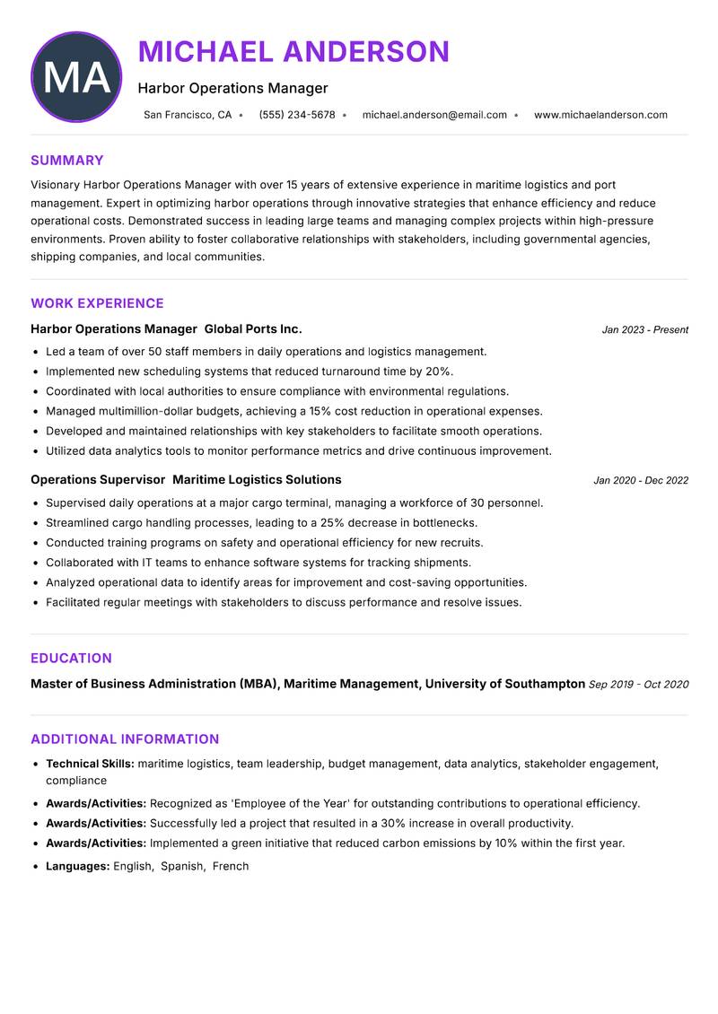 Harbor Operations Manager resume example