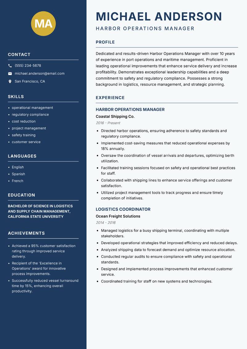 Harbor Operations Manager resume sample — Harbor Operations Manager focus