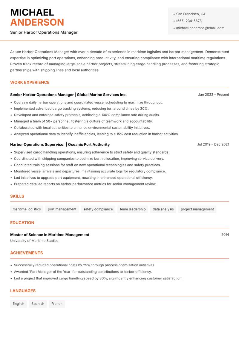 Harbor Operations Manager resume sample — Senior Harbor Operations Manager focus