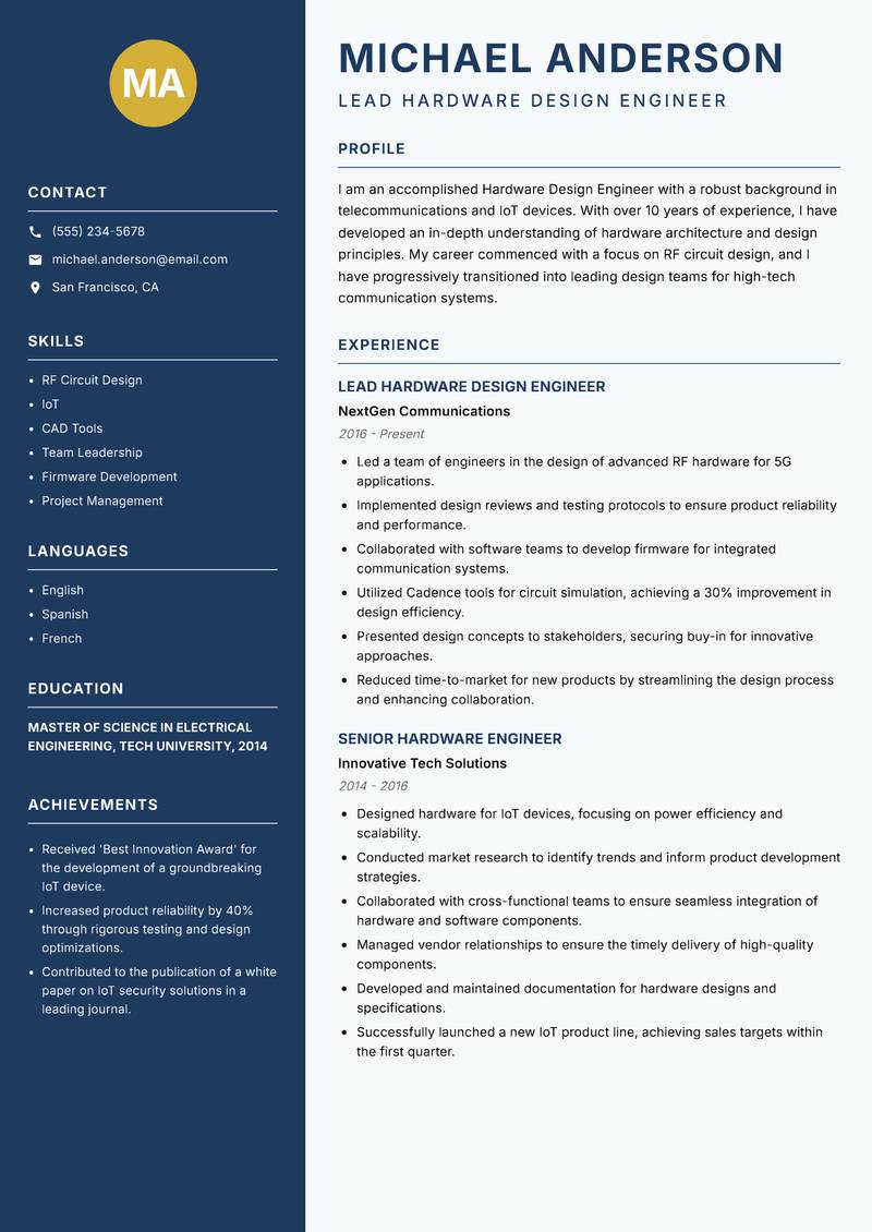 Hardware Design Engineer resume sample — Lead Hardware Design Engineer focus