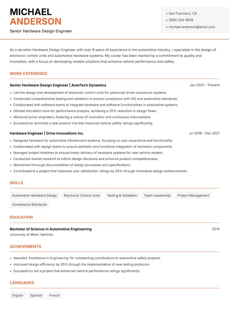 Hardware Design Engineer resume sample — Senior Hardware Design Engineer focus