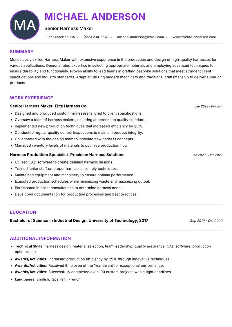 Harness Maker resume example