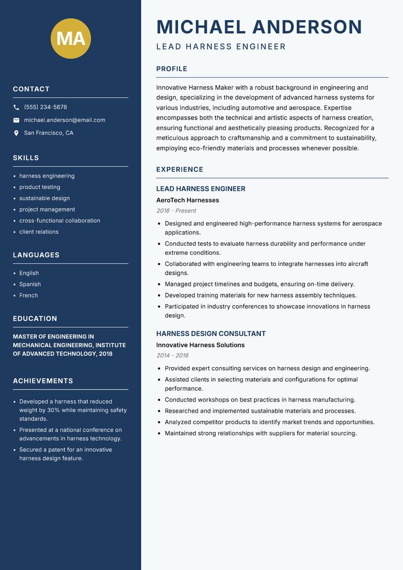 Harness Maker resume sample — Lead Harness Engineer focus