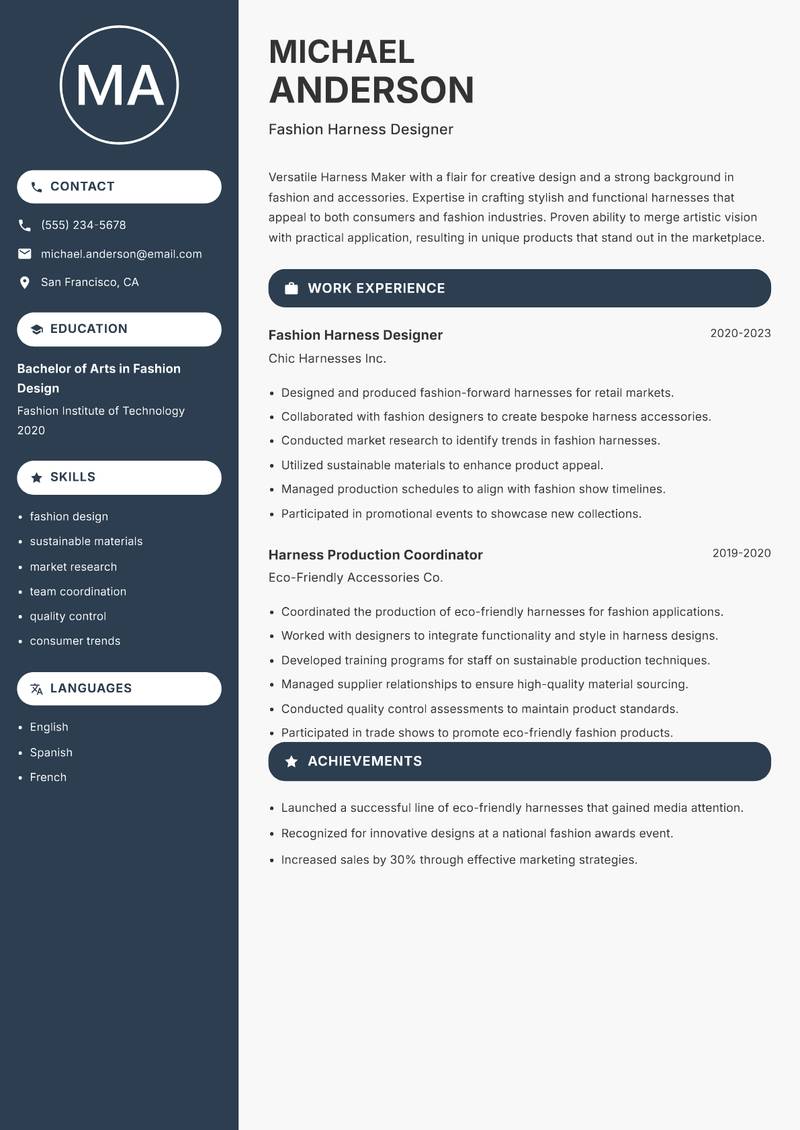 Harness Maker resume sample — Fashion Harness Designer focus
