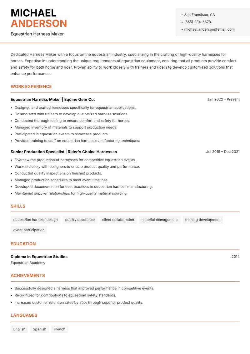 Harness Maker resume sample — Equestrian Harness Maker focus