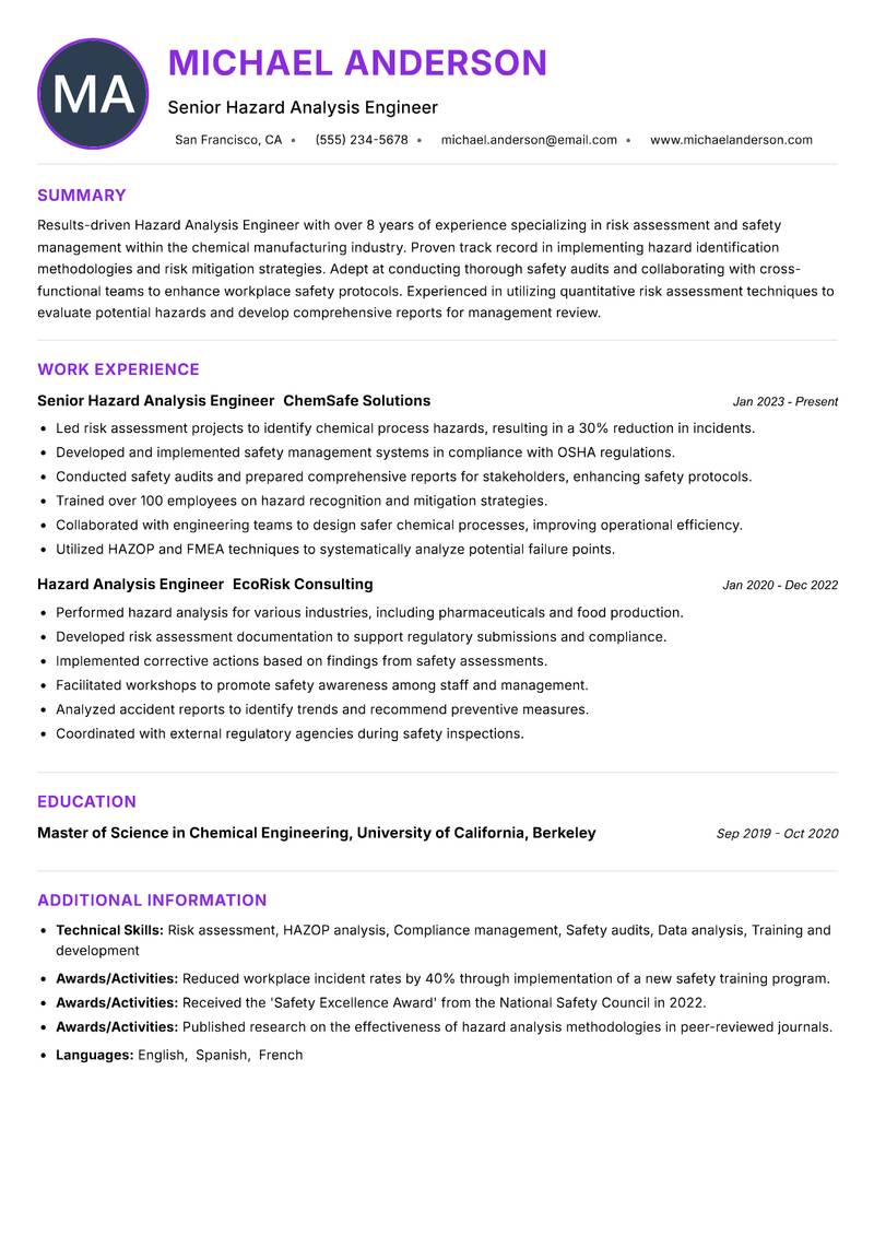 Hazard Analysis Engineer resume example