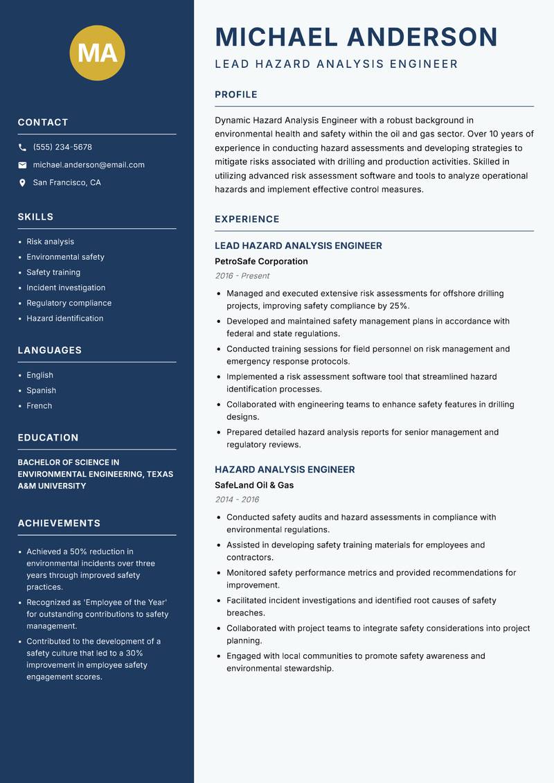Hazard Analysis Engineer resume sample — Lead Hazard Analysis Engineer focus