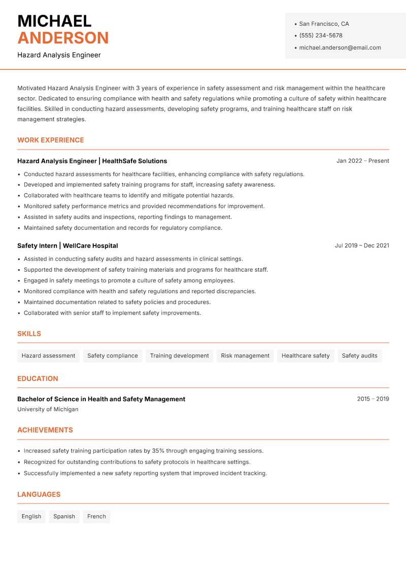 Hazard Analysis Engineer resume sample — Hazard Analysis Engineer focus