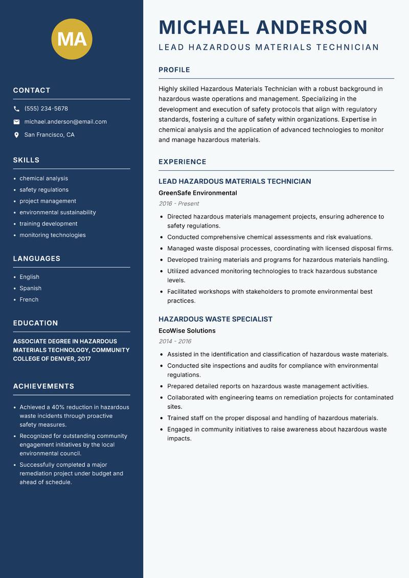 Hazardous Materials Technician resume sample — Lead Hazardous Materials Technician focus