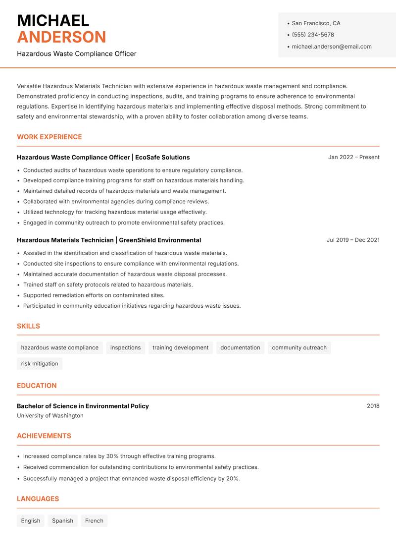 Hazardous Materials Technician resume sample — Hazardous Waste Compliance Officer focus