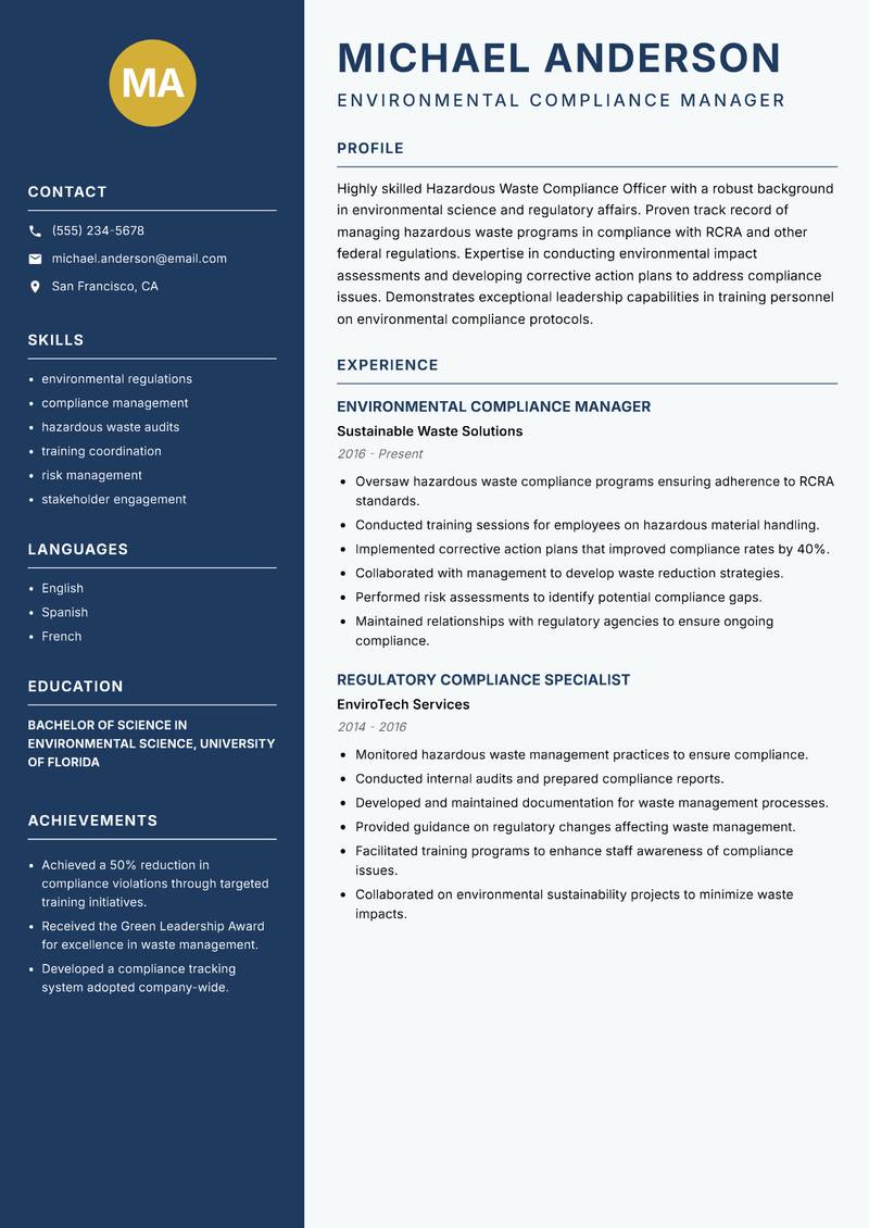 Hazardous Waste Compliance Officer resume sample — Environmental Compliance Manager focus