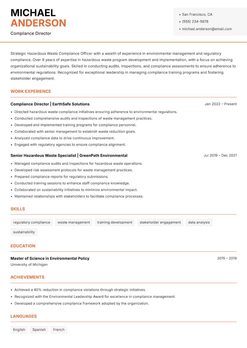 Hazardous Waste Compliance Officer resume sample — Compliance Director focus