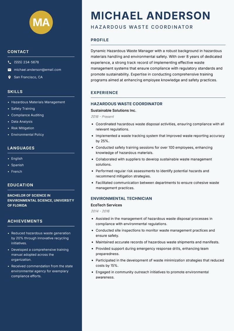 Hazardous Waste Manager resume sample — Hazardous Waste Coordinator focus