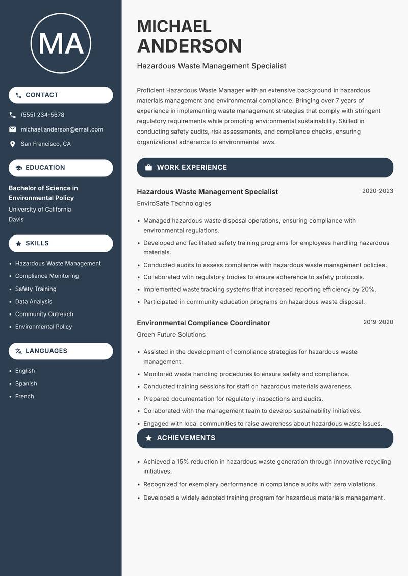 Hazardous Waste Manager resume sample — Hazardous Waste Management Specialist focus
