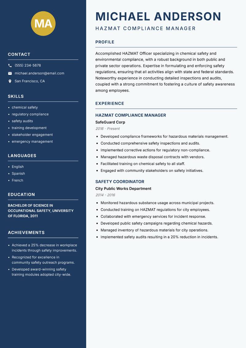 HAZMAT Officer resume sample — HAZMAT Compliance Manager focus