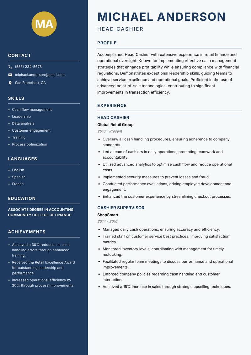 Head Cashier resume sample — Head Cashier focus