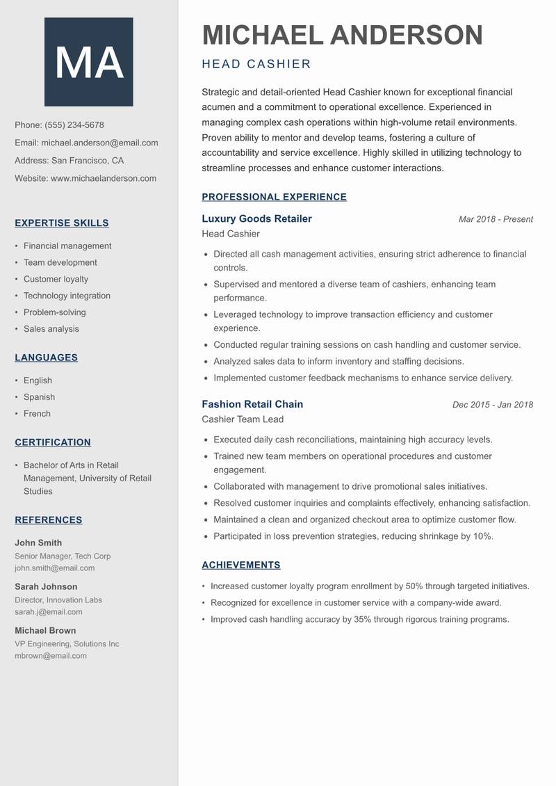 Head Cashier resume sample — Head Cashier focus