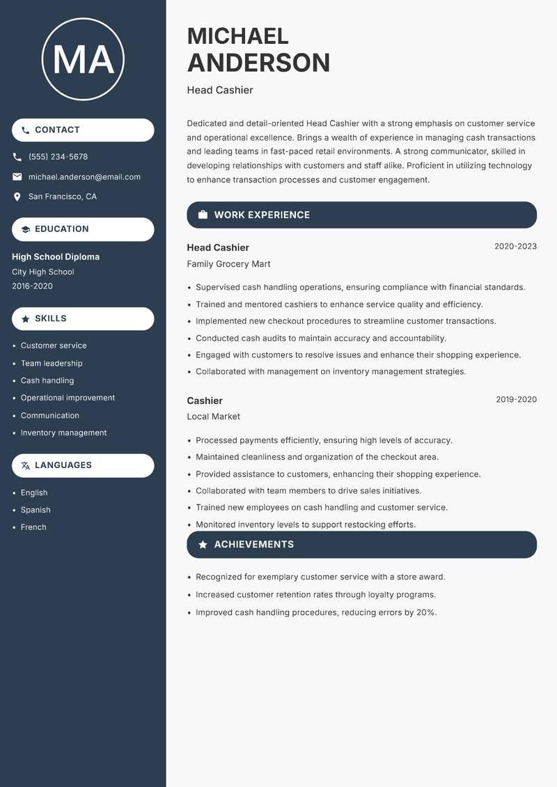 Head Cashier resume sample — Head Cashier focus