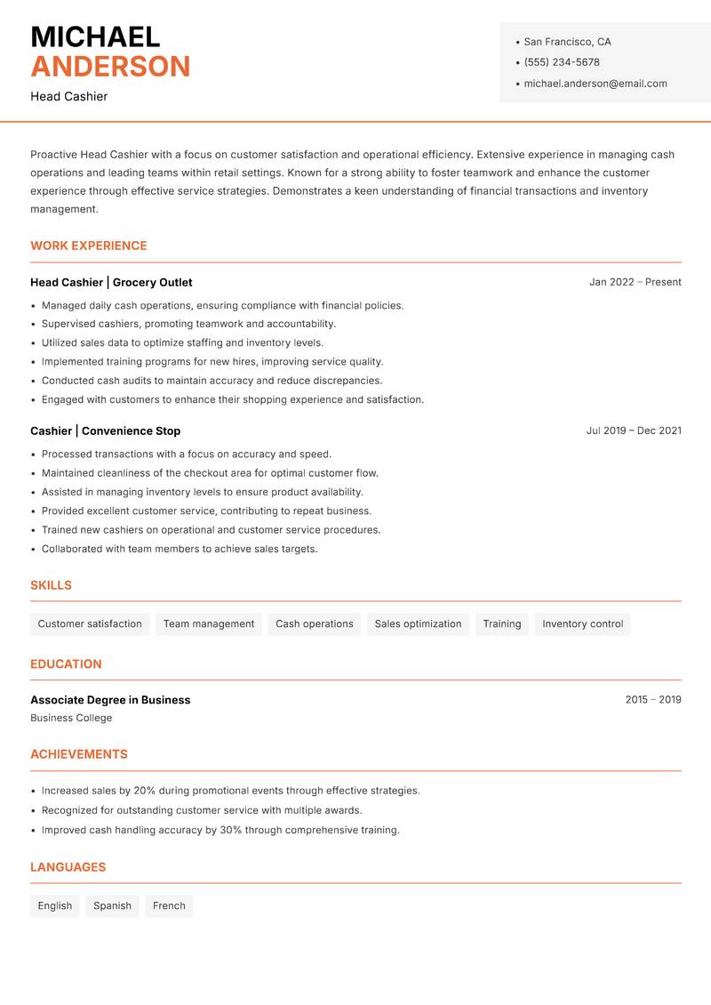 Head Cashier resume sample — Head Cashier focus