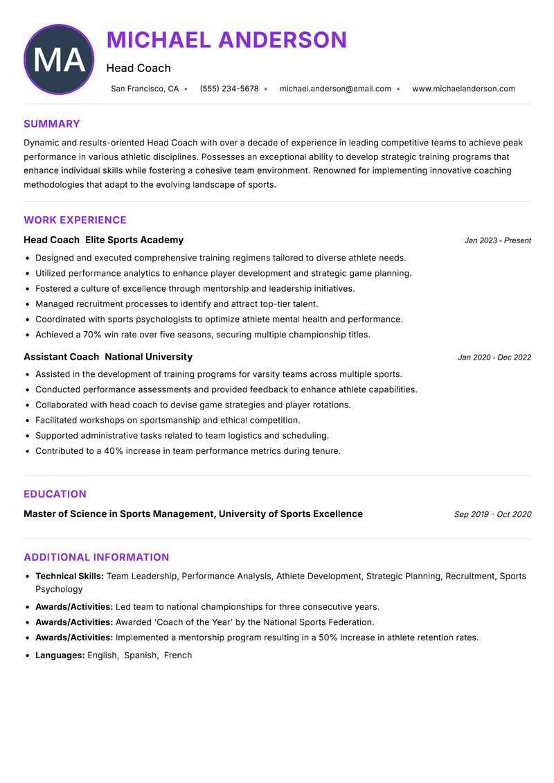 Head Coach resume example