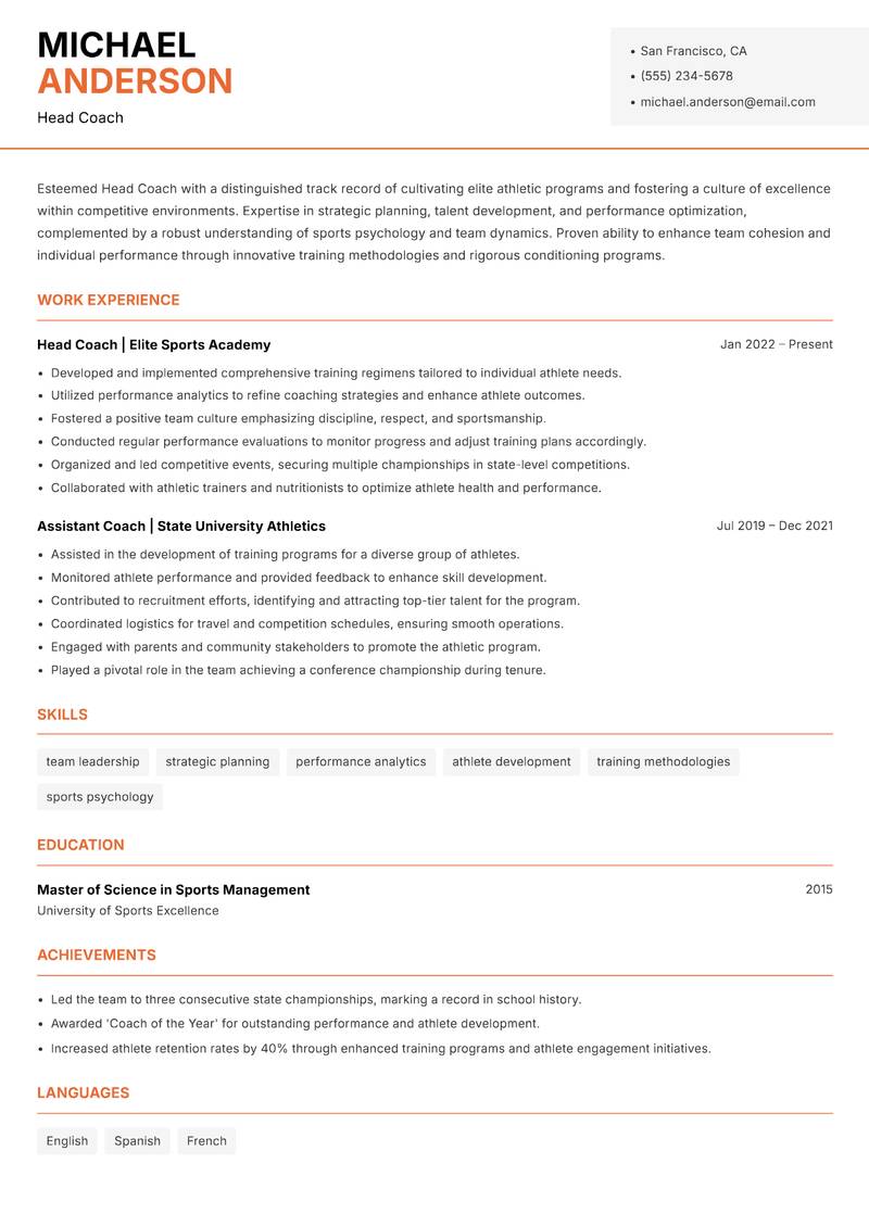 Head Coach resume sample — Head Coach focus