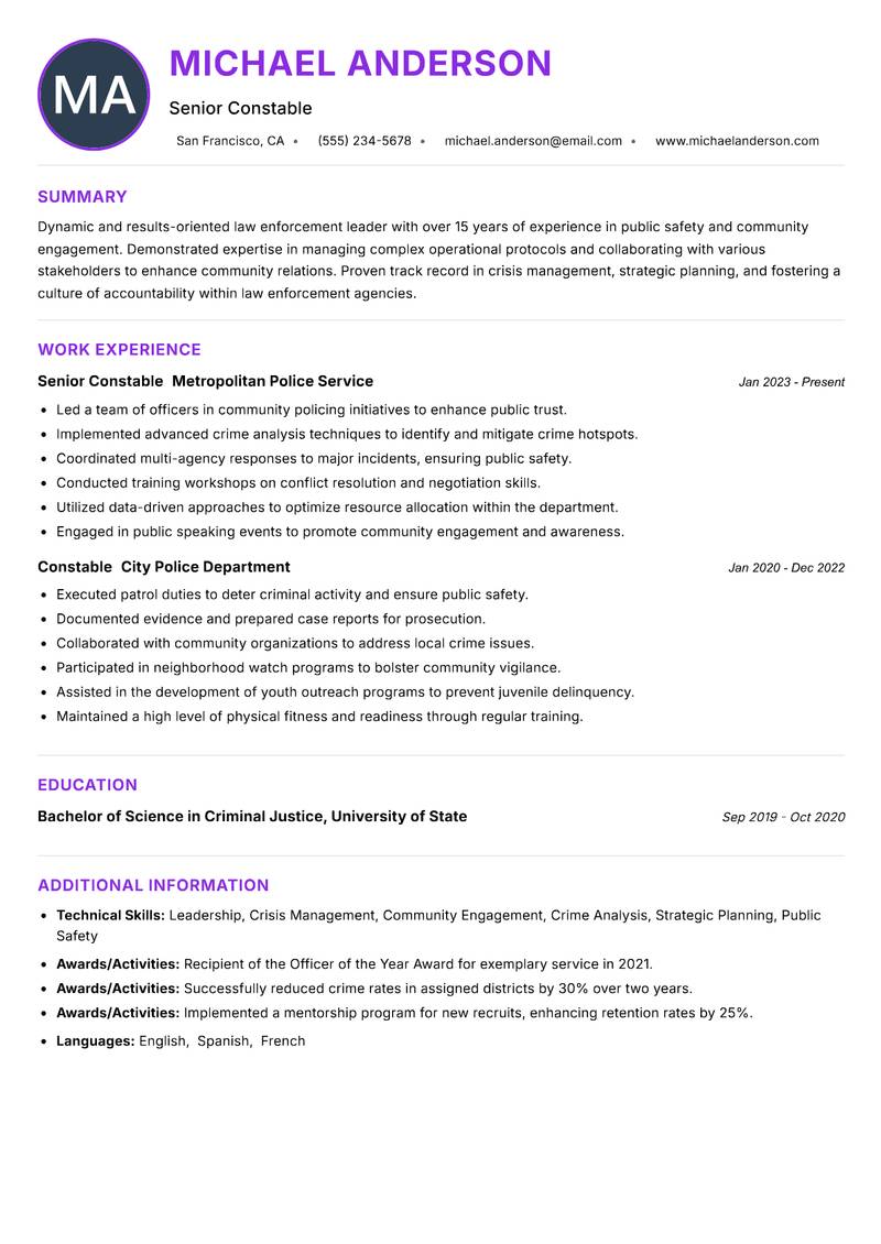 Head Constable resume example