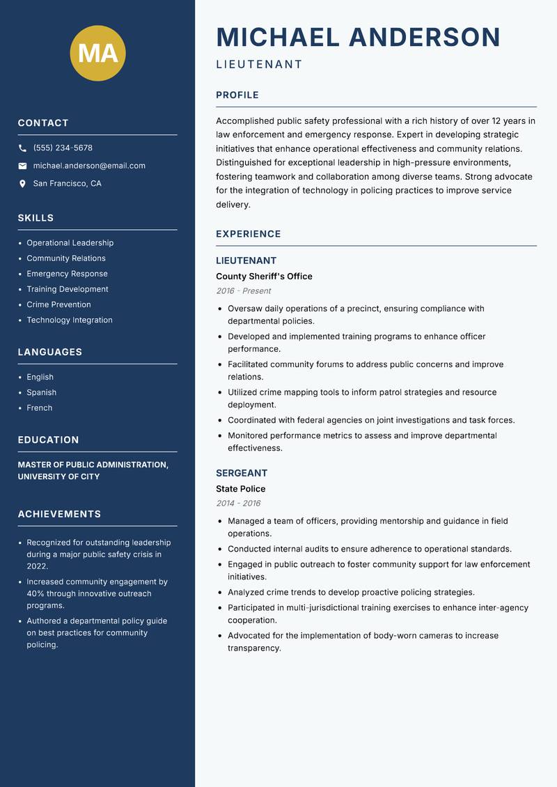 Head Constable resume sample — Lieutenant focus
