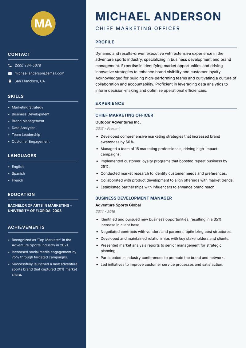 Head of Adventure Sports resume sample — Chief Marketing Officer focus