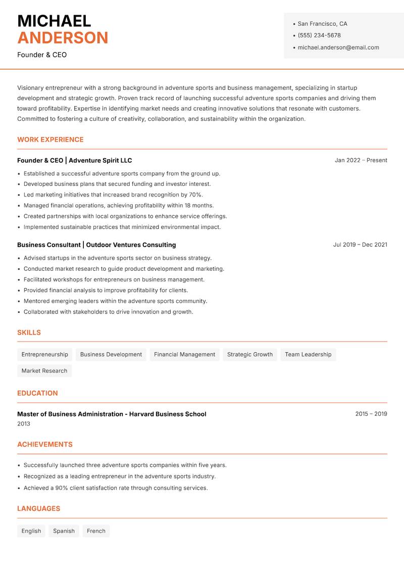 Head of Adventure Sports resume sample — Founder & CEO focus