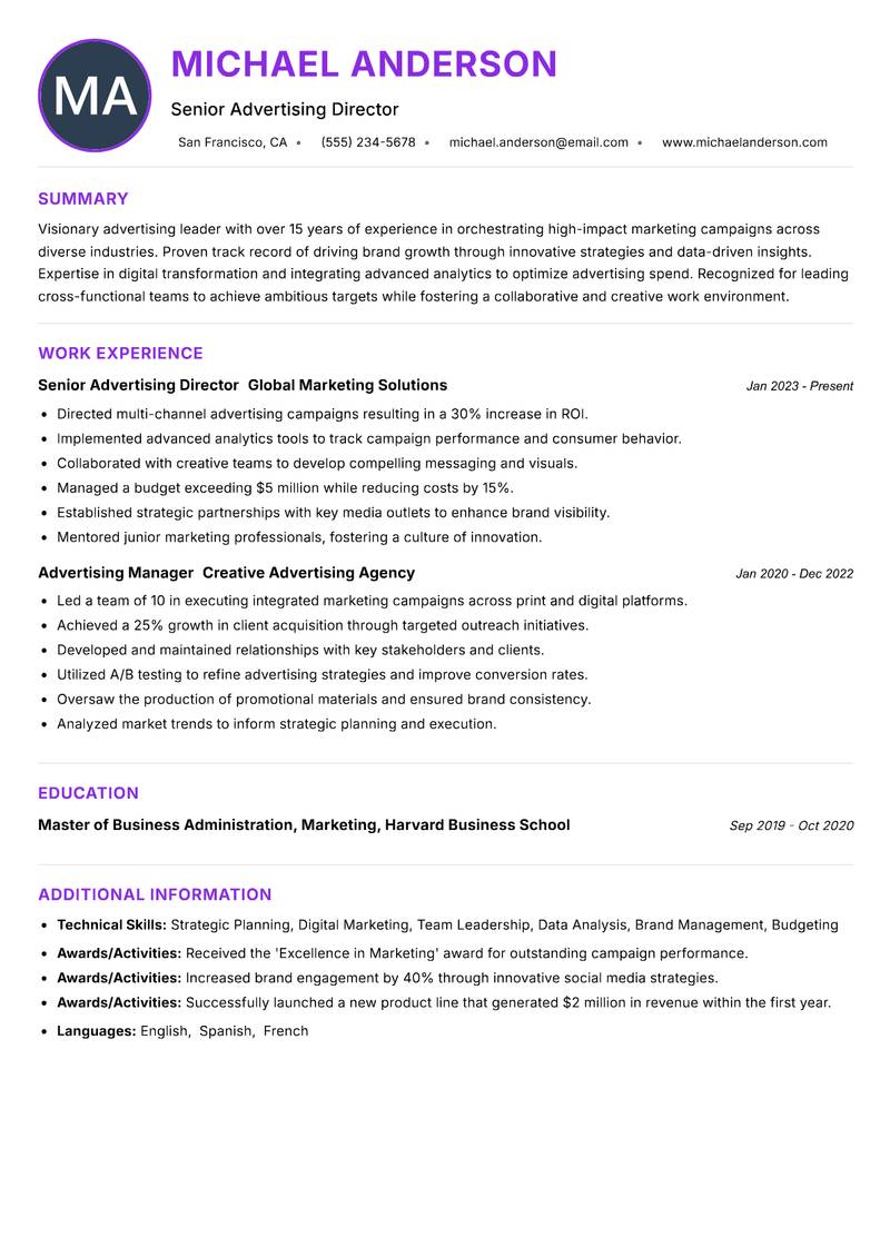 Head of Advertising resume example