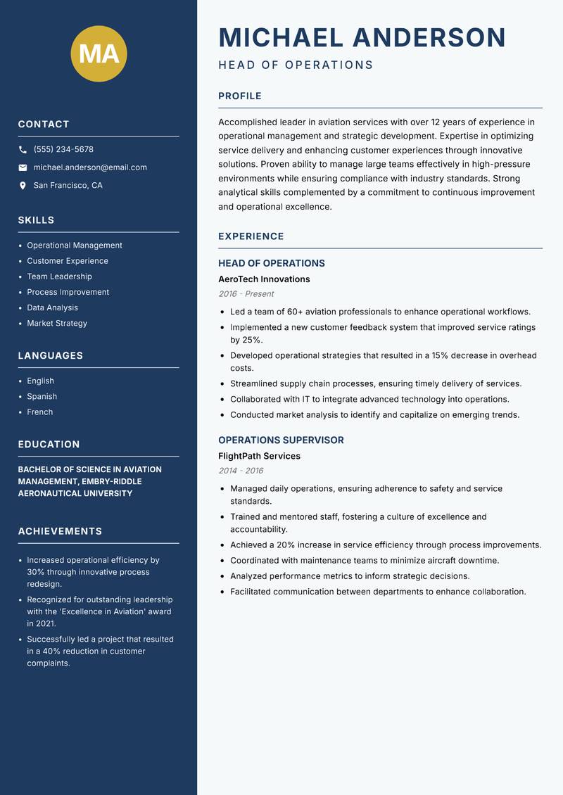 Head of Aviation Services resume sample — Head of Operations focus