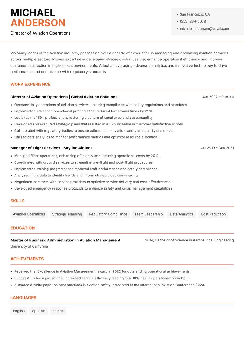 Head of Aviation Services resume sample — Director of Aviation Operations focus