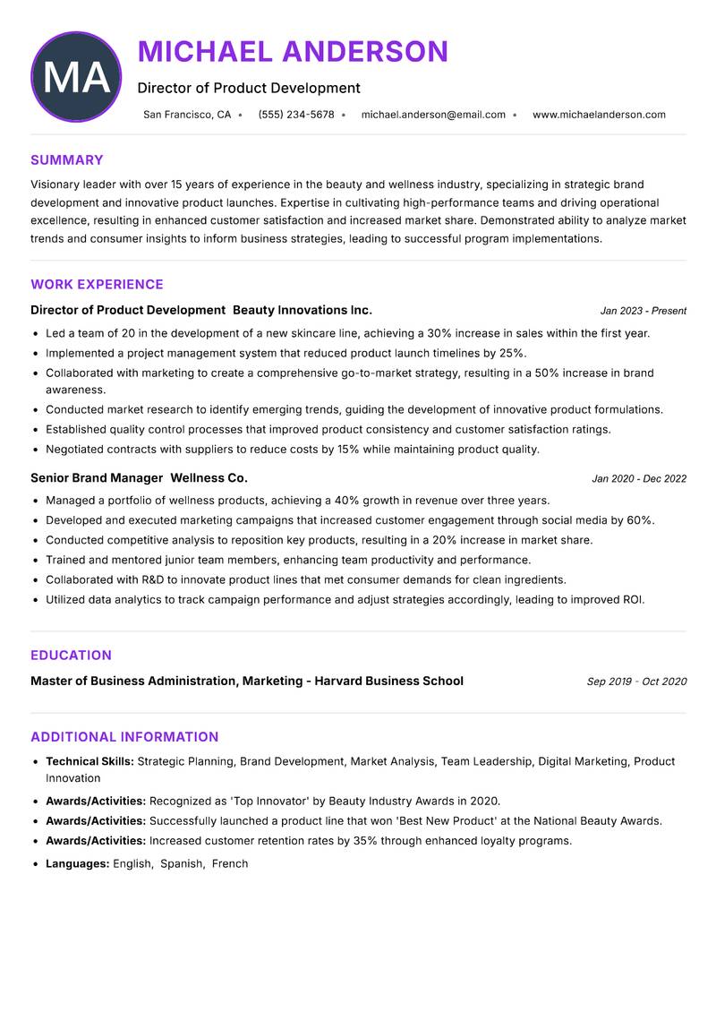 Head of Beauty and Wellness resume example