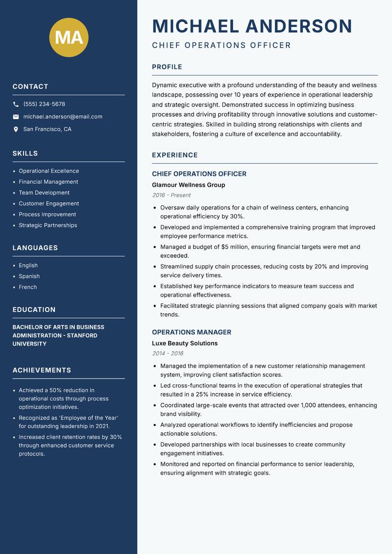 Head of Beauty and Wellness resume sample — Chief Operations Officer focus