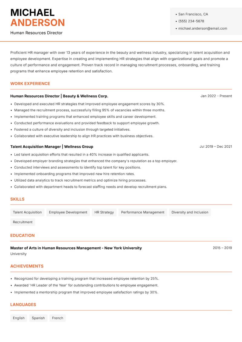 Head of Beauty and Wellness resume sample — Human Resources Director focus