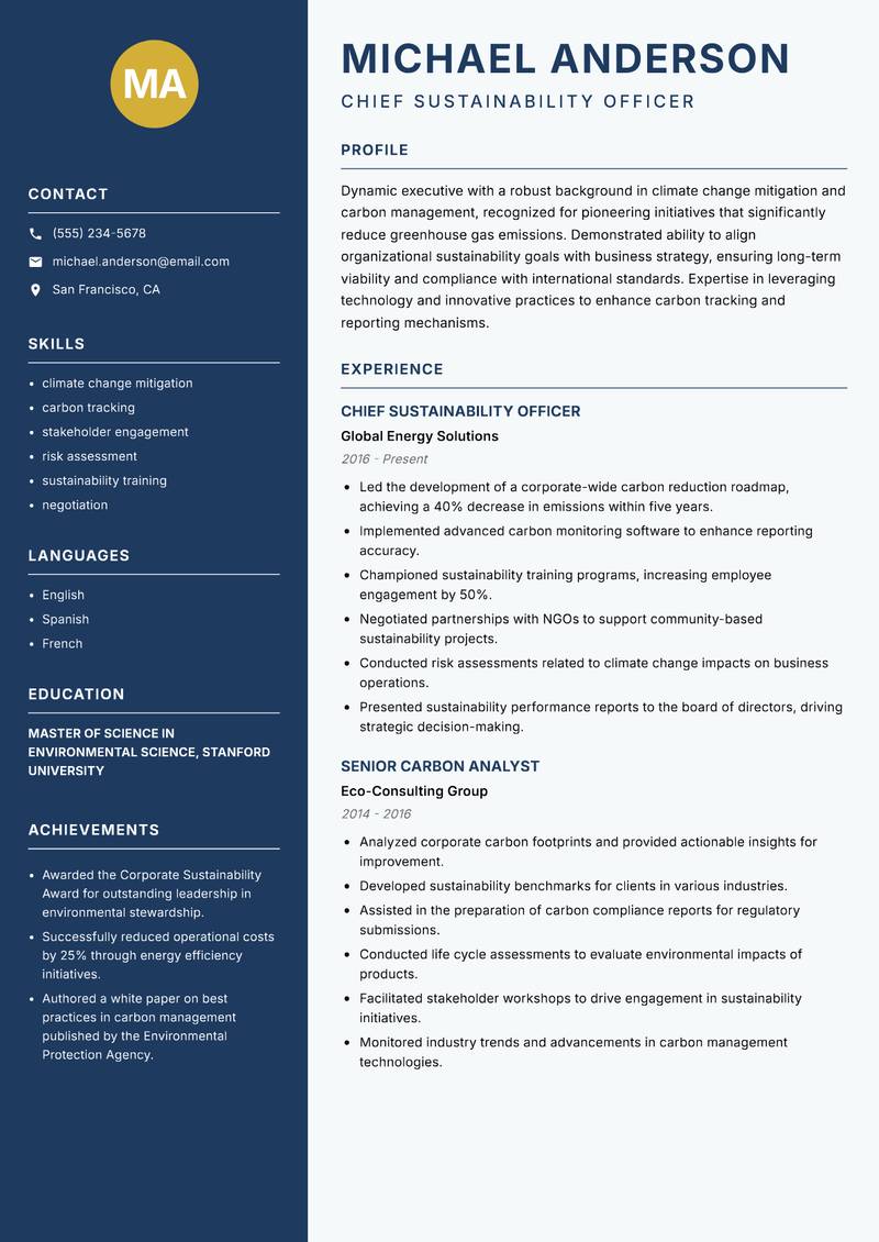 Head of Carbon Management resume sample — Chief Sustainability Officer focus