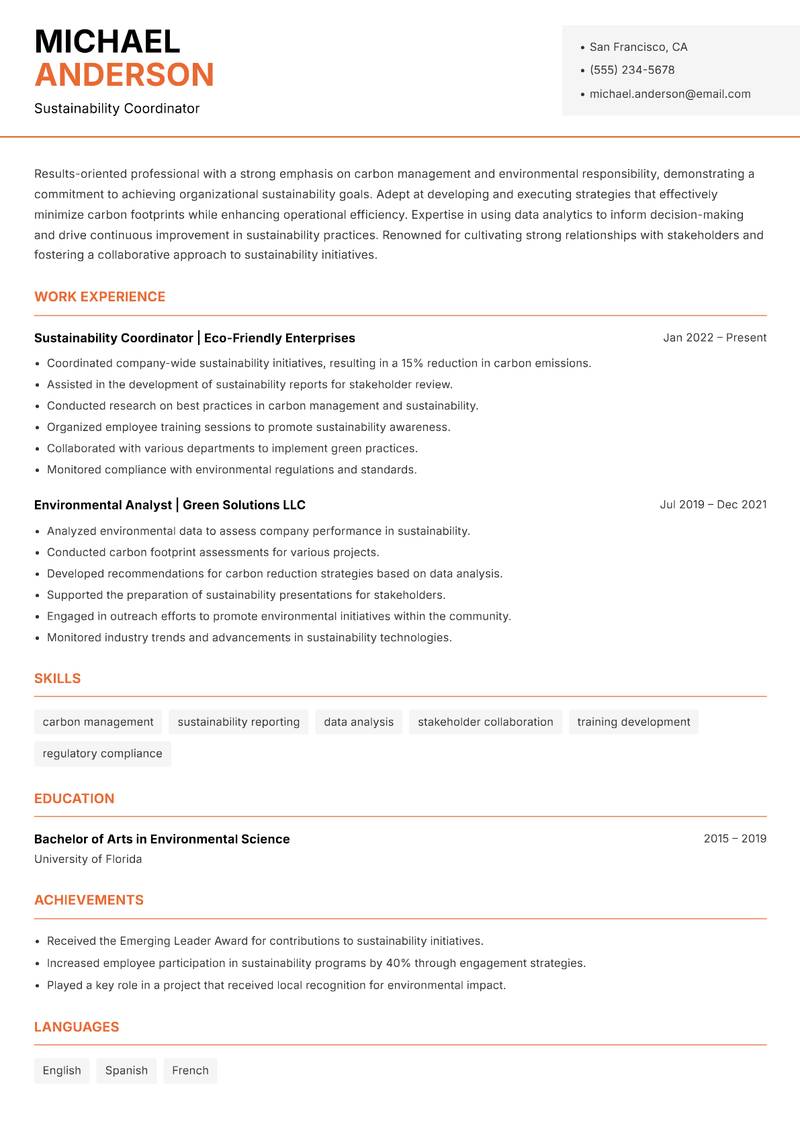 Head of Carbon Management resume sample — Sustainability Coordinator focus