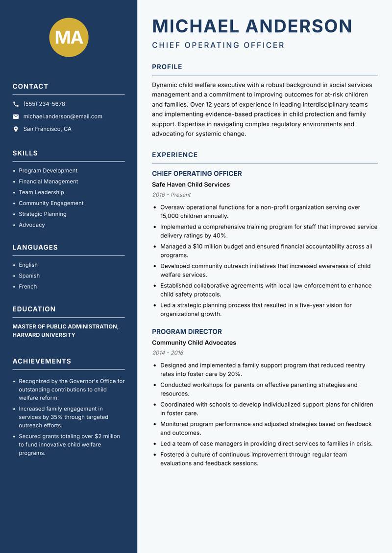 Head of Child Welfare resume sample — Chief Operating Officer focus