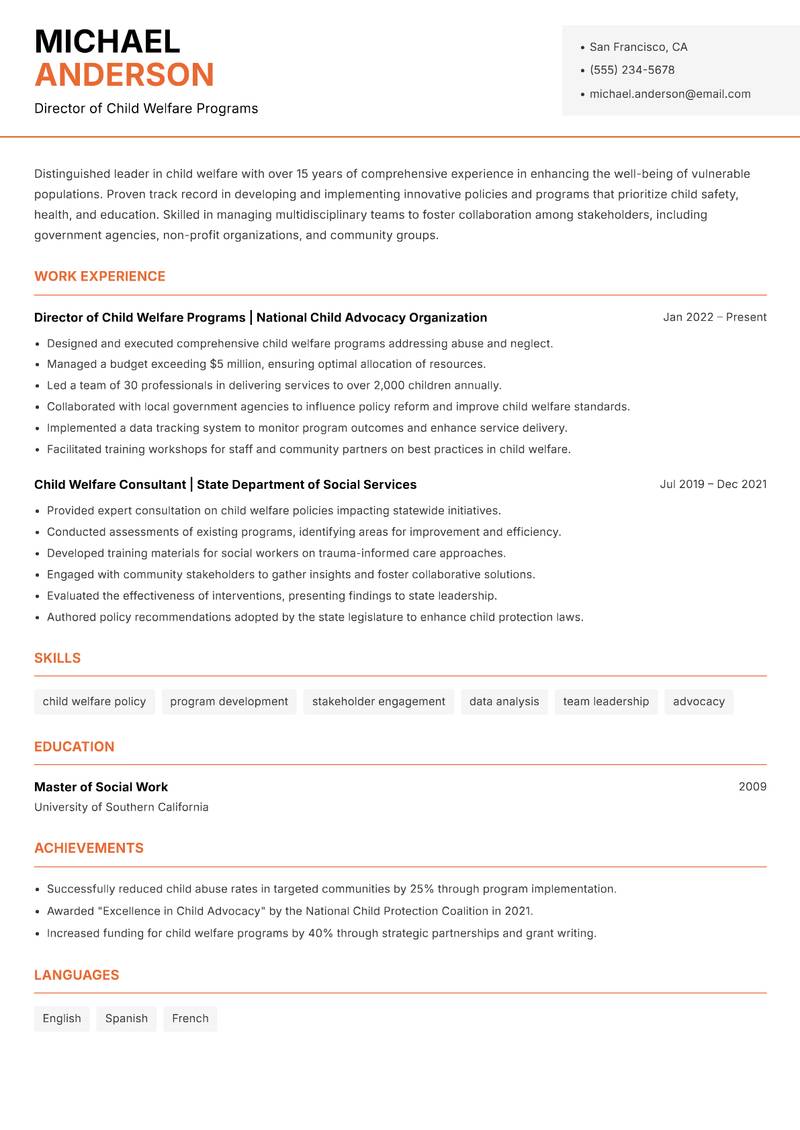 Head of Child Welfare resume sample — Director of Child Welfare Programs focus