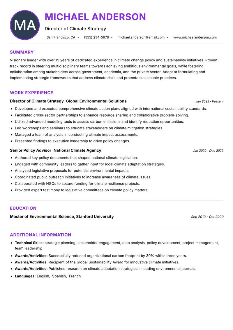 Head of Climate Change resume example
