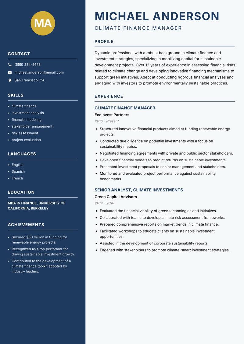 Head of Climate Change resume sample — Climate Finance Manager focus