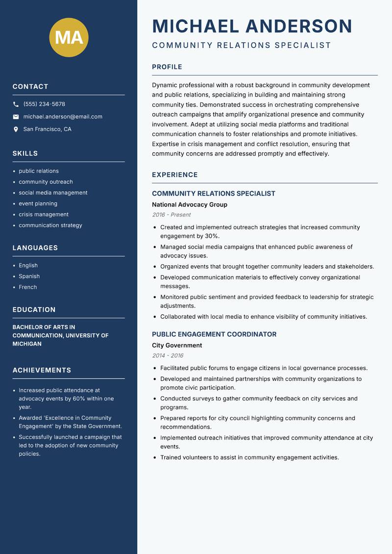 Head of Community Development resume sample — Community Relations Specialist focus