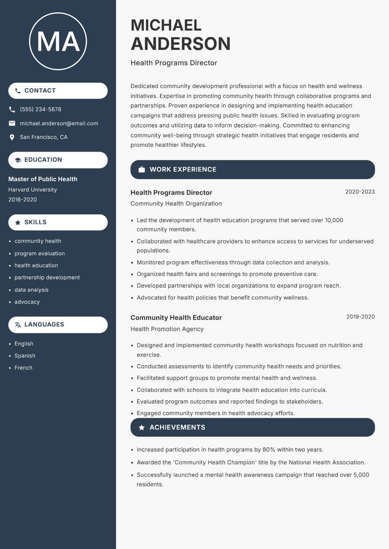 Head of Community Development resume sample — Health Programs Director focus