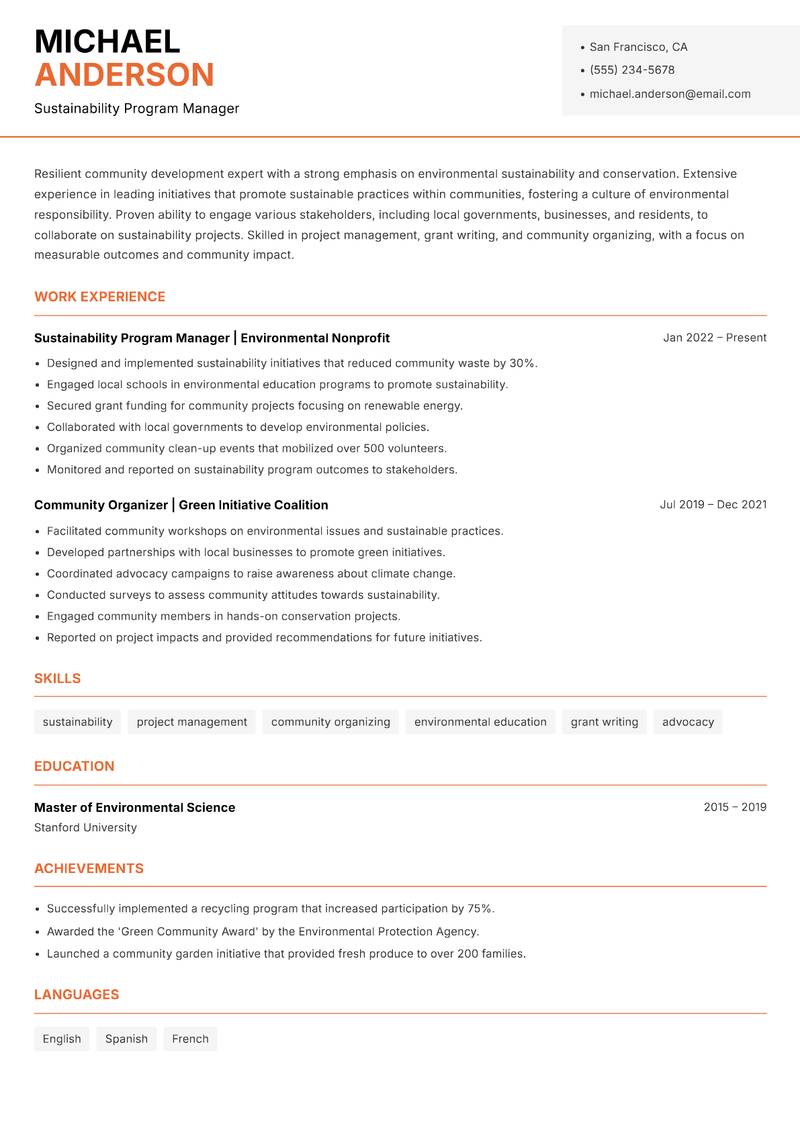 Head of Community Development resume sample — Sustainability Program Manager focus