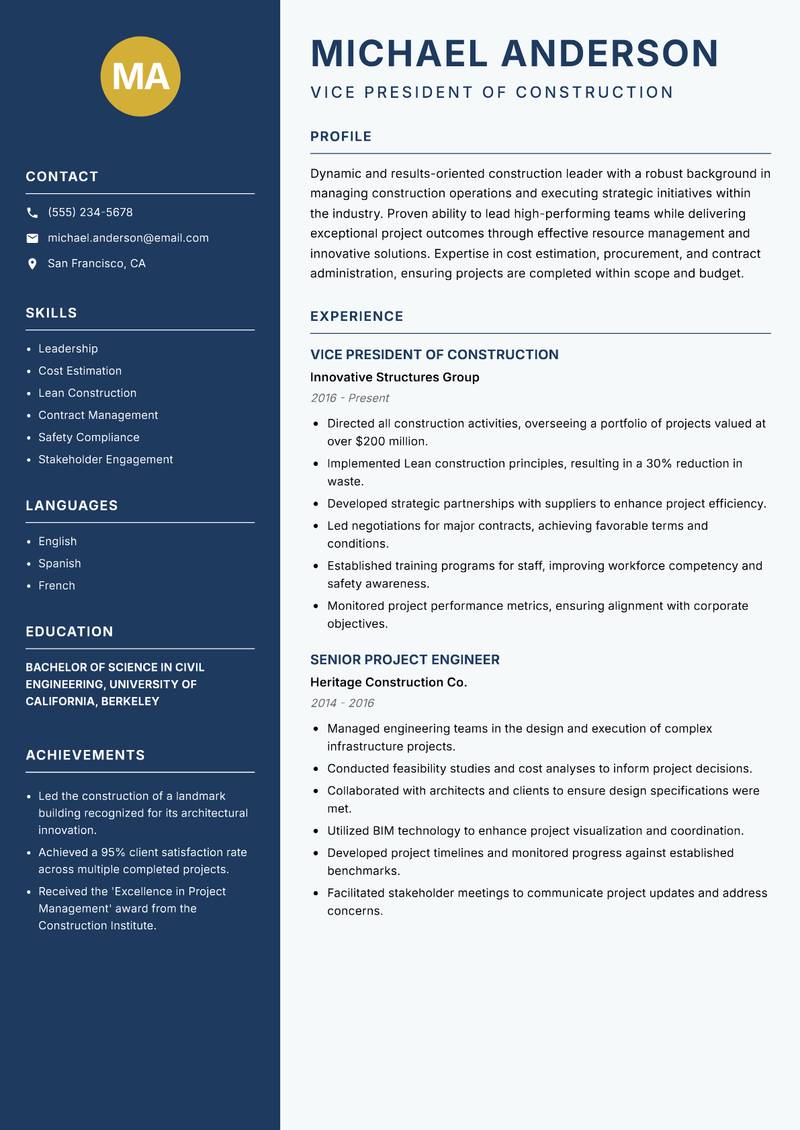 Head of Construction resume sample — Vice President of Construction focus