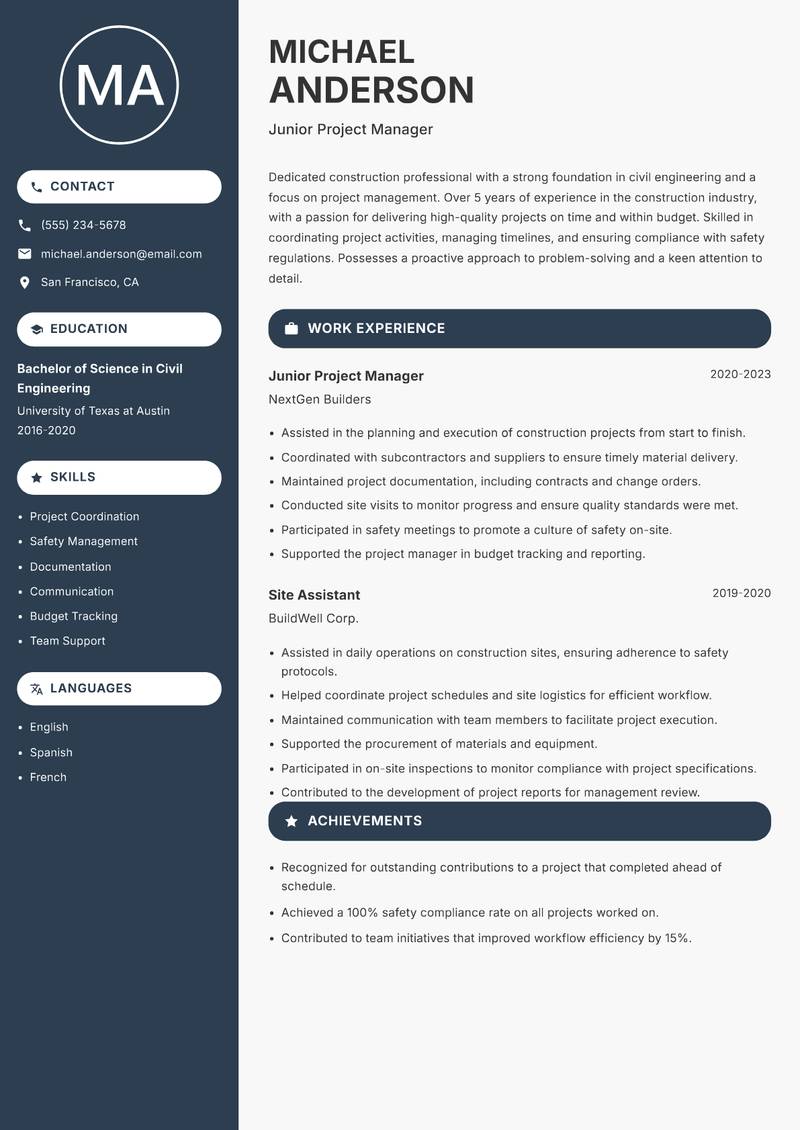 Head of Construction resume sample — Junior Project Manager focus