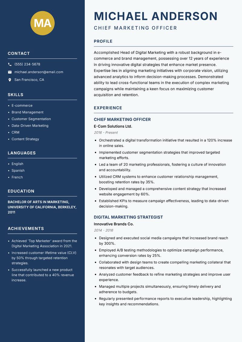 Head of Digital Marketing resume sample — Chief Marketing Officer focus