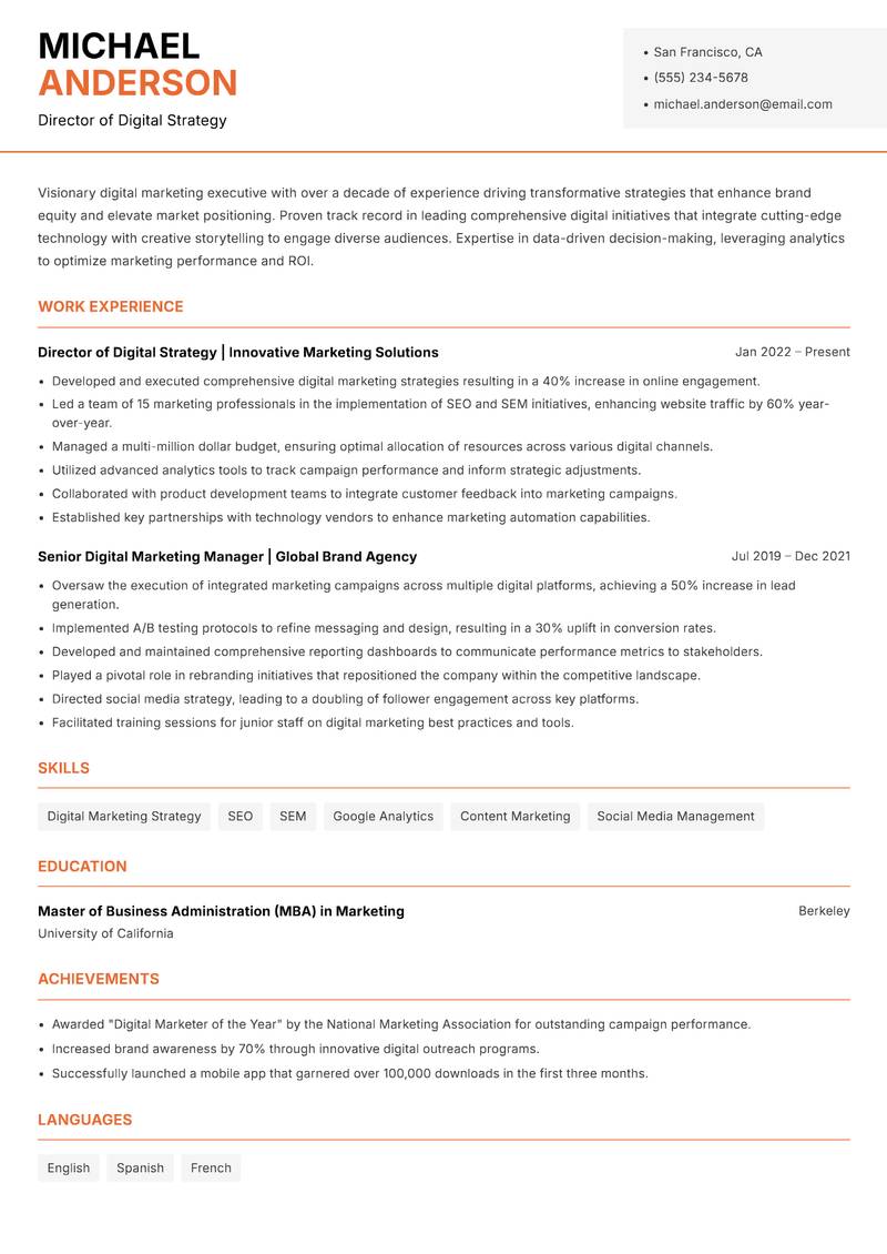 Head of Digital Marketing resume sample — Director of Digital Strategy focus